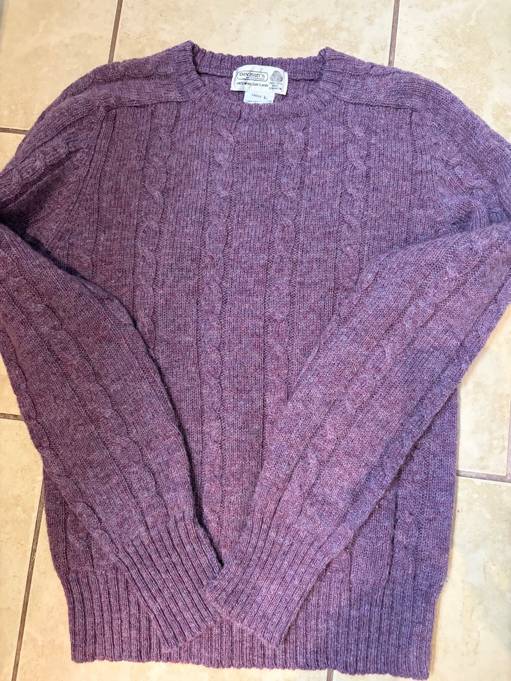 100% wool vintage Cozy Cable Crewneck Sweater in Plum by Davisons of Bermuda
